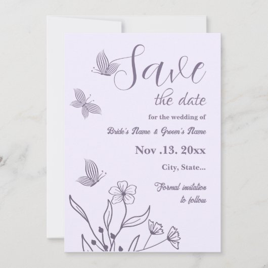 Romantische elegante mauve bloemenbruiloft save the date (Voorkant)