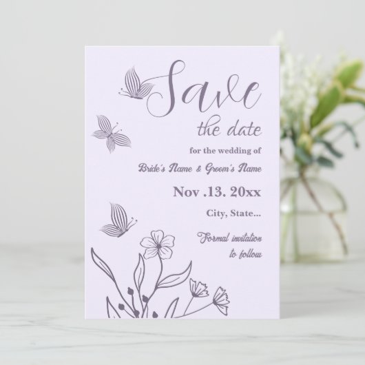 Romantische elegante mauve bloemenbruiloft save the date (Staand voorkant)