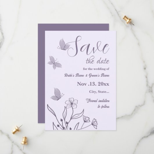 Romantische elegante mauve bloemenbruiloft save the date (Voorkant / Achterkant in situ)