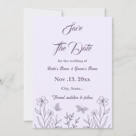 Romantische elegante mauve bloemenbruiloft save the date (Voorkant)