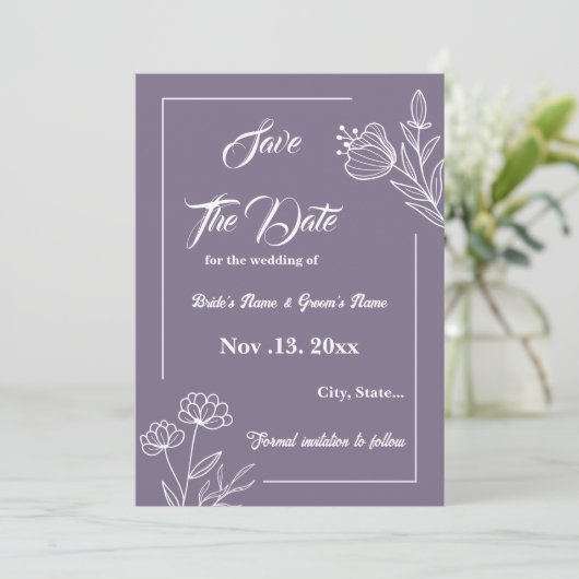 Romantische elegante mauve bloemenbruiloft save the date (Staand voorkant)