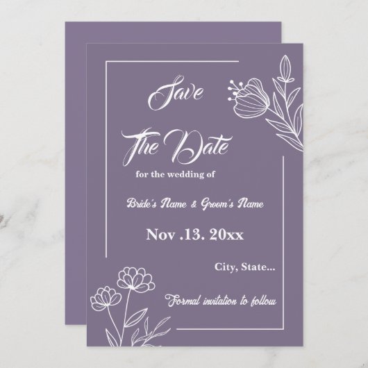 Romantische elegante mauve bloemenbruiloft save the date (Voorkant / Achterkant)