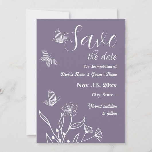 Romantische elegante mauve bloemenbruiloft save the date (Voorkant)
