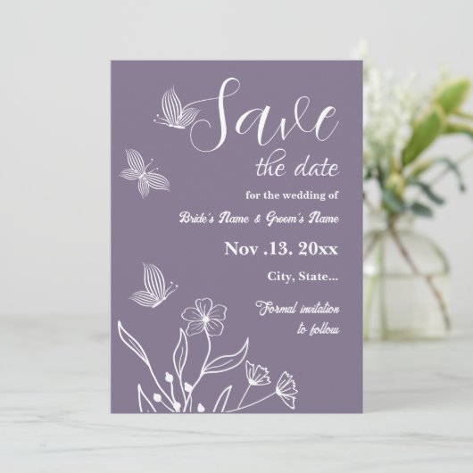 Romantische elegante mauve bloemenbruiloft save the date (Staand voorkant)