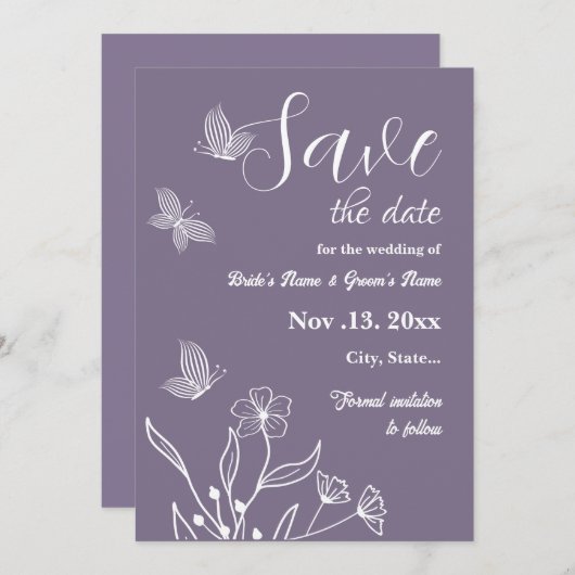 Romantische elegante mauve bloemenbruiloft save the date (Voorkant / Achterkant)