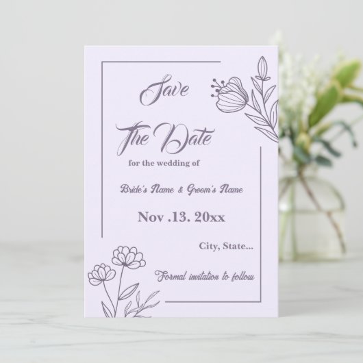 Romantische elegante mauve bloemenbruiloft save the date (Staand voorkant)