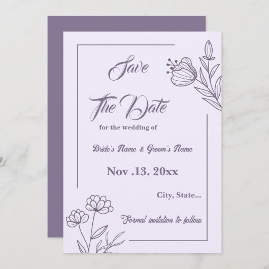 Romantische elegante mauve bloemenbruiloft save the date (Voorkant / Achterkant)