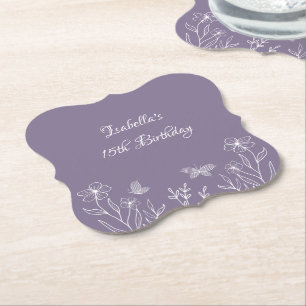 Romantische elegante mauve bloemige bruiloft kartonnen onderzetters