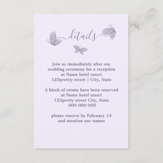 Romantische elegante mauve vlinders bruiloft informatiekaartje (Voorkant)