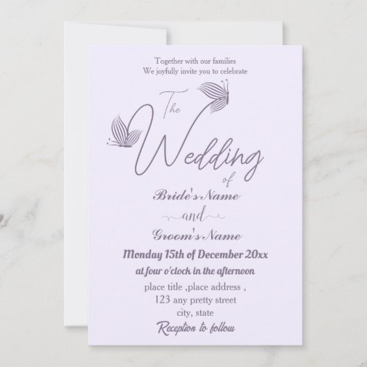 Romantische elegante mauve vlinders bruiloft kaart (Voorkant)