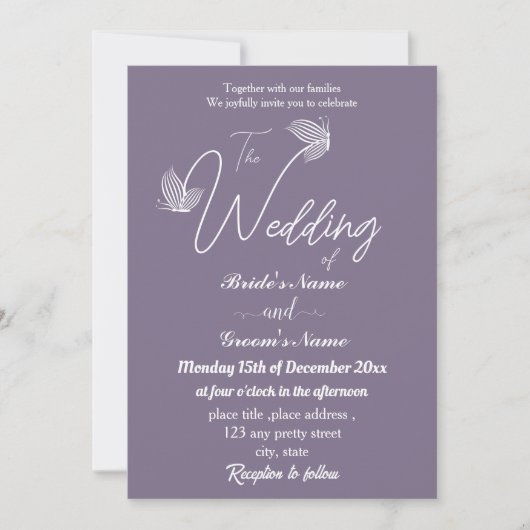 Romantische elegante mauve vlinders bruiloft kaart (Voorkant)