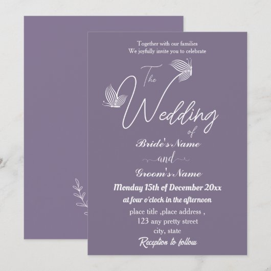 Romantische elegante mauve vlinders bruiloft kaart (Voorkant / Achterkant)