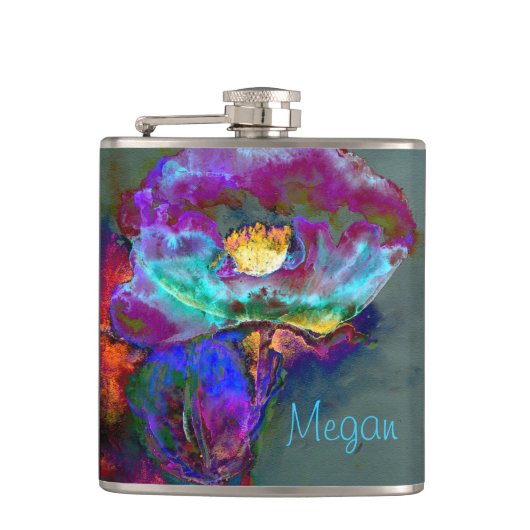 Romantische elegante paarse blauwgroen bloemschild heupfles (Voorkant)