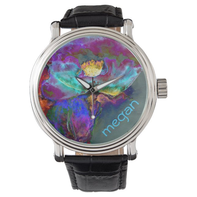 Romantische elegante paarse blauwgroen bloemschild horloge (Voorkant)