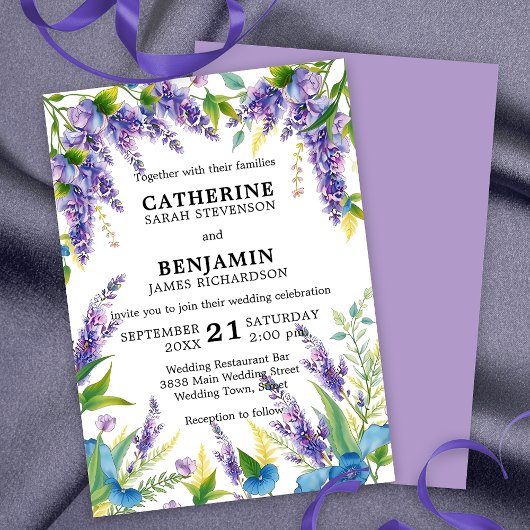 Romantische Elegante Paarse en Blauwe Wisteria bru Kaart