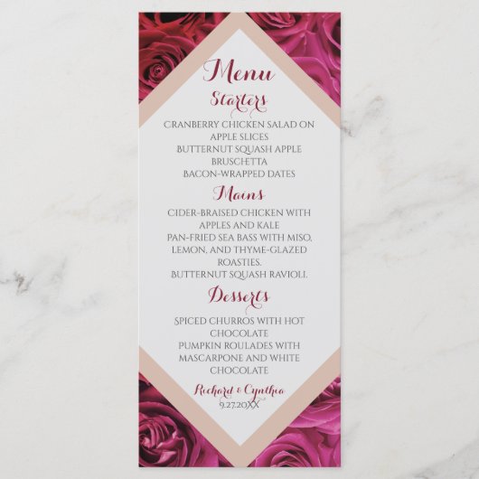 Romantische Elegante Roze Rozen Bruiloft Menu (Voorkant)