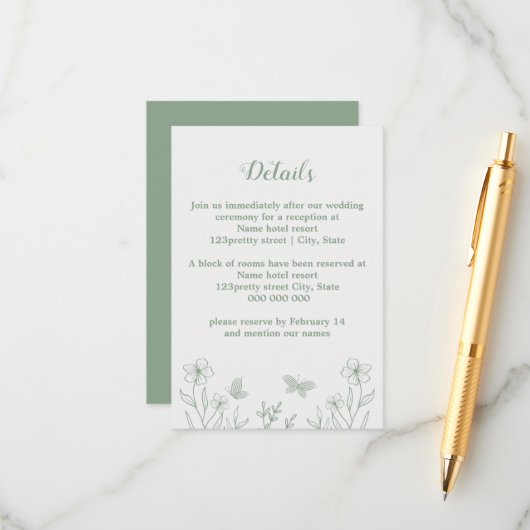 Romantische elegante salie groene bloemen bruiloft informatiekaartje (Voorkant / Achterkant in situ)