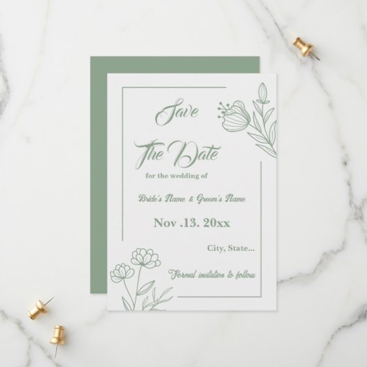Romantische elegante salie groene bloemen bruiloft save the date (Voorkant / Achterkant in situ)