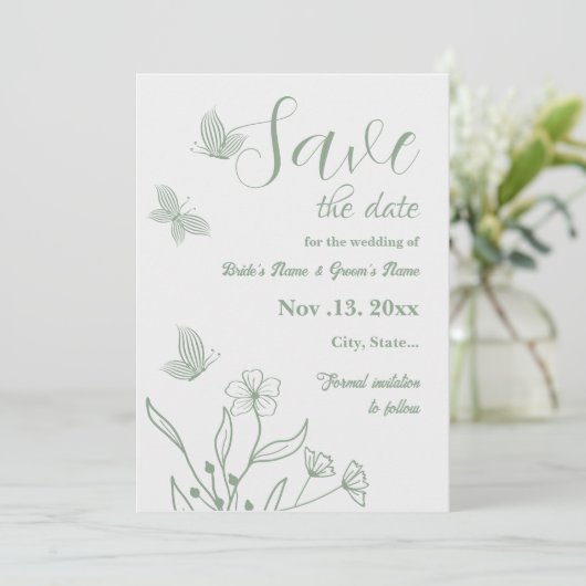 Romantische elegante salie groene bloemen bruiloft save the date (Staand voorkant)