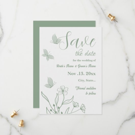 Romantische elegante salie groene bloemen bruiloft save the date (Voorkant / Achterkant in situ)