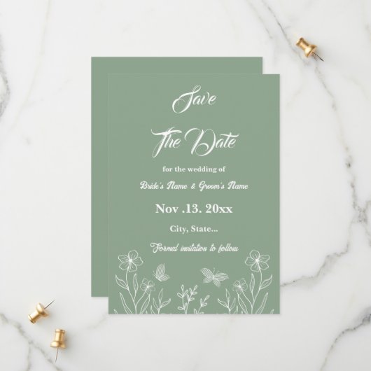 Romantische elegante salie groene bloemen bruiloft save the date (Voorkant / Achterkant in situ)