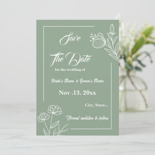 Romantische elegante salie groene bloemen bruiloft save the date (Staand voorkant)