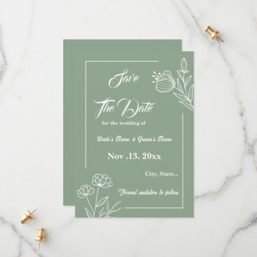 Romantische elegante salie groene bloemen bruiloft save the date (Voorkant / Achterkant in situ)
