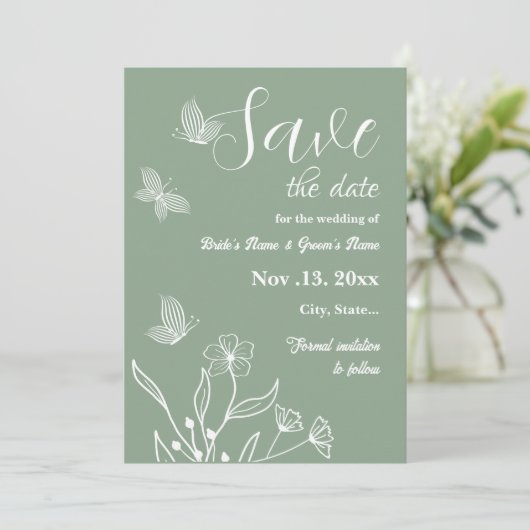 Romantische elegante salie groene bloemen bruiloft save the date (Staand voorkant)
