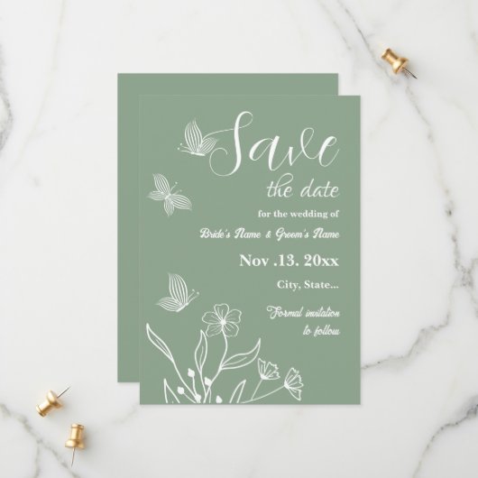 Romantische elegante salie groene bloemen bruiloft save the date (Voorkant / Achterkant in situ)