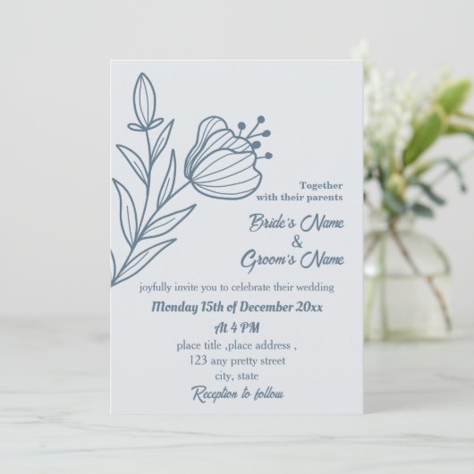 Romantische elegante stoffige blauwe bloemen bruil kaart (Staand voorkant)