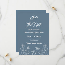Romantische elegante stoffige blauwe bloemen bruil save the date