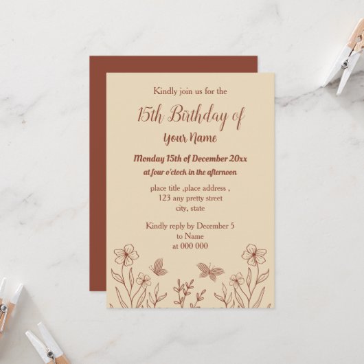 Romantische elegante terracotta bloemen verjaardag kaart (Voorkant / Achterkant in situ)