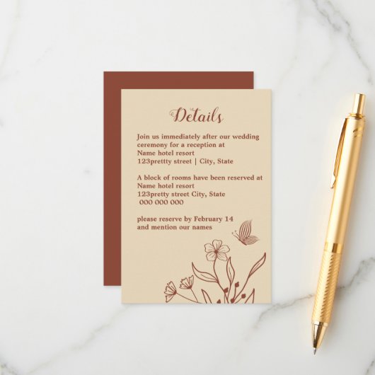 Romantische elegante terracotta bloemenbruiloft informatiekaartje (Voorkant / Achterkant in situ)