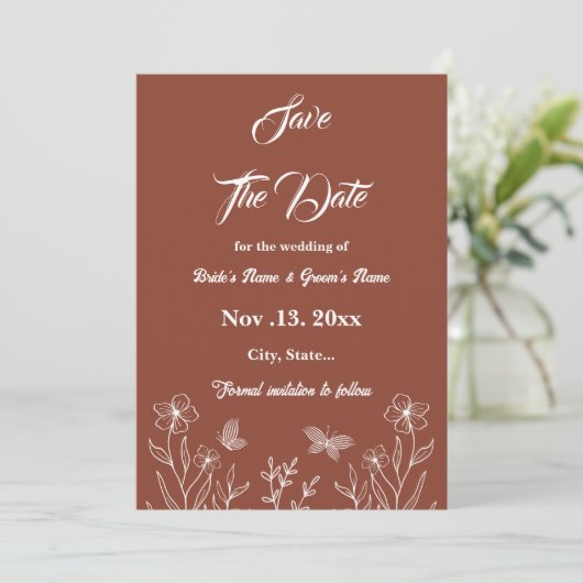 Romantische elegante terracotta bloemenbruiloft save the date (Staand voorkant)