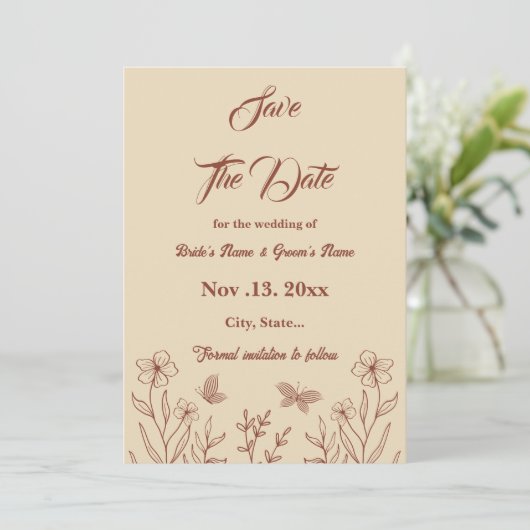 Romantische elegante terracotta bloemenbruiloft save the date (Staand voorkant)