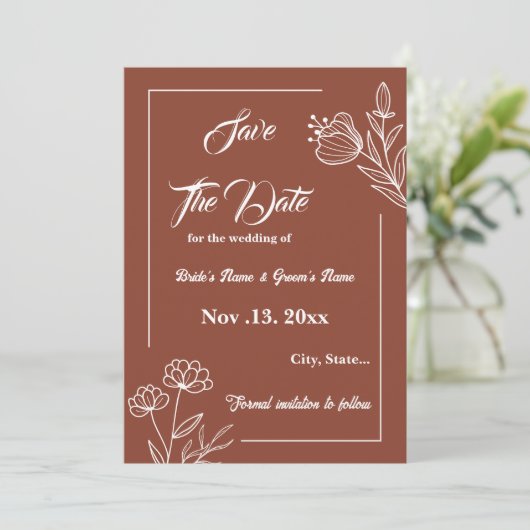 Romantische elegante terracotta bloemenbruiloft save the date (Staand voorkant)