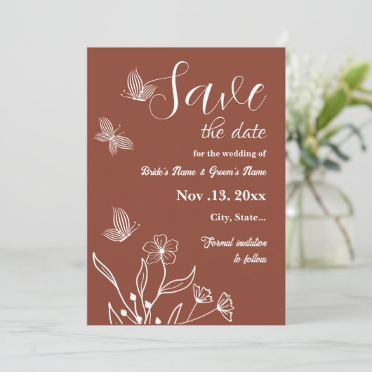 Romantische elegante terracotta bloemenbruiloft save the date (Staand voorkant)
