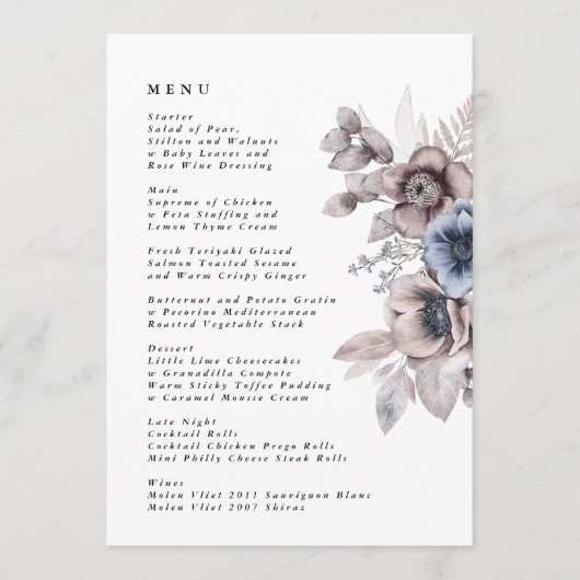 Romantische Elegante Waterverf Bloemige Bruiloft Menu (Voorkant)