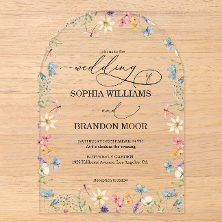 Romantische Elegante Wilde Bloemen Vlinder Bruilof Acryl Uitnodigingen