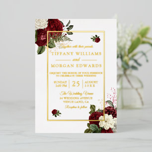 Romantische Elegantie: Burgundy & Witte Bloemige B Folie Uitnodiging