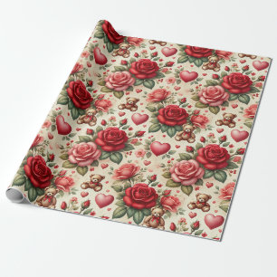Romantische Elegantie: Rozen en Harten Cadeaupapier