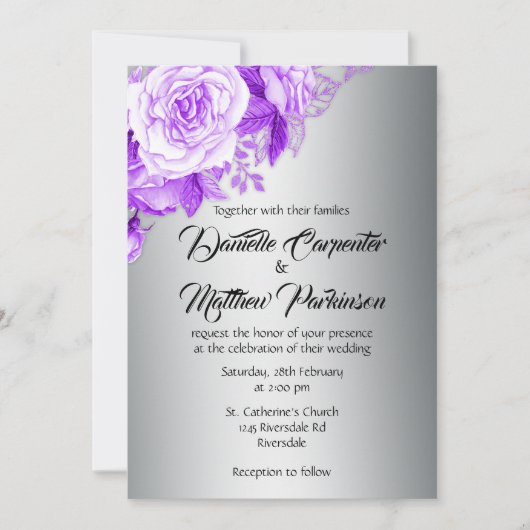 Romantische Elegantie Zilver en Paarse Rozen Bruil Kaart (Voorkant)