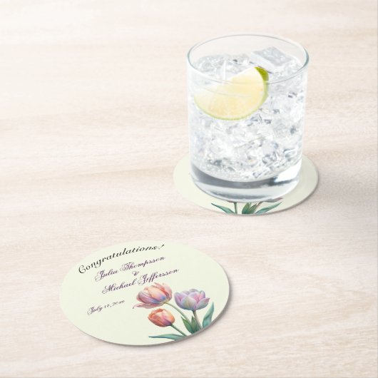 Romantische en poëtische pasteltulpen Waterverf Ronde Kartonnen Onderzetter (Insitu)