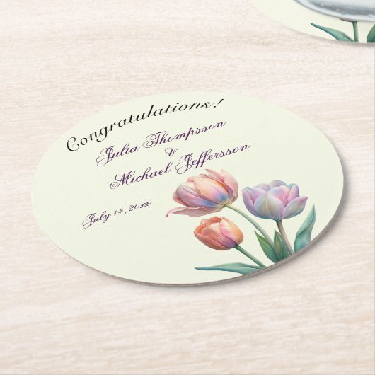 Romantische en poëtische pasteltulpen Waterverf Ronde Kartonnen Onderzetter (Gebogen)