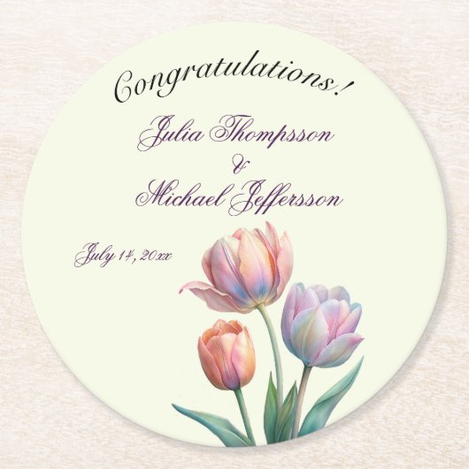 Romantische en poëtische pasteltulpen Waterverf Ronde Kartonnen Onderzetter (Voorkant)