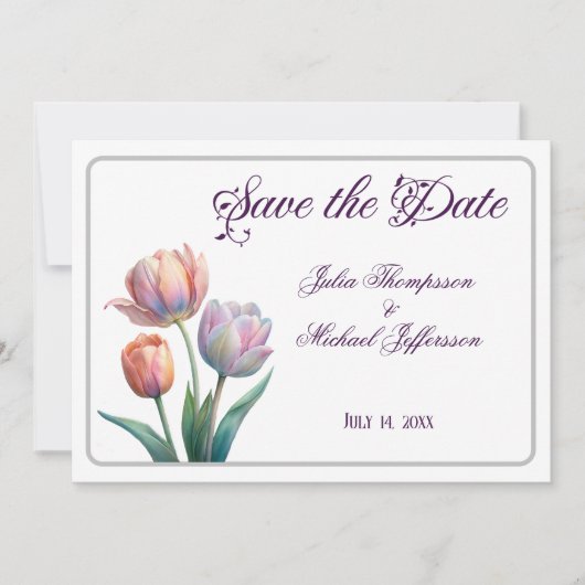 Romantische en poëtische pasteltulpen Waterverf Save The Date (Voorkant)