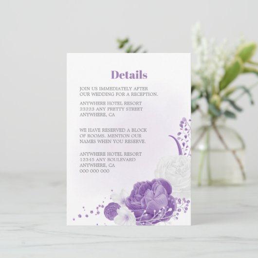romantische en witte paarse bruiloft details informatiekaartje (Staand voorkant)
