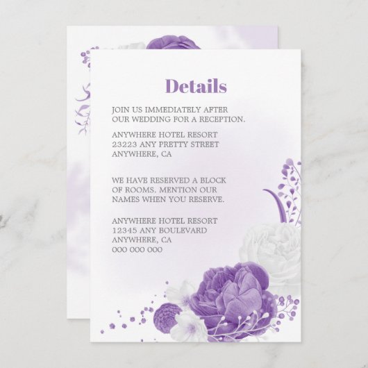 romantische en witte paarse bruiloft details informatiekaartje (Voorkant / Achterkant)