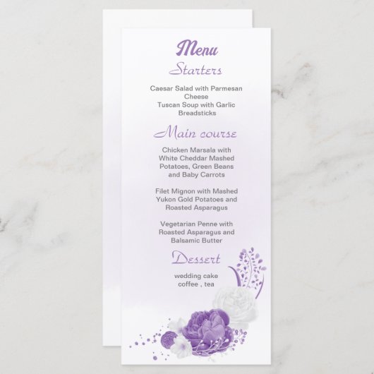 romantische en witte paarse bruiloft menu (Voorkant / Achterkant)