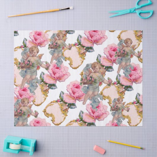 ROMANTISCHE ENGEL DIE ROZE ROZEN VERZAMELT TISSUEPAPIER (Craft)